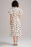 Ivory Black Dot A Line V Neck Cocktail Dress with Short Sleeves