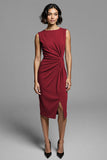 Grey Ruched Sheath Midi Work Dress With Slit