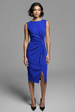 Grey Ruched Sheath Midi Work Dress With Slit