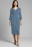 Sheath Navy Beaded V Neck Work Dress
