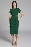 Beige Beaded Sheath Ruched Work Dress