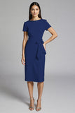 Beige Beaded Sheath Ruched Work Dress