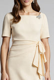 Beaded Champagne Ruched Midi Work Dress