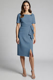 Beaded Champagne Ruched Midi Work Dress