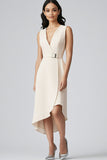 Champagne Satin V-Neck Sheath Midi Work Blazer Dress