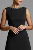 Black and White Satin A Line Midi Work Dress with Ruffles