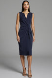 Navy Bodycon Ruched Satin Midi Work Dress