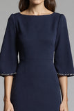 Navy Satin Midi Bodycon Work Dress with Sleeves