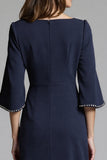Navy Satin Midi Bodycon Work Dress with Sleeves