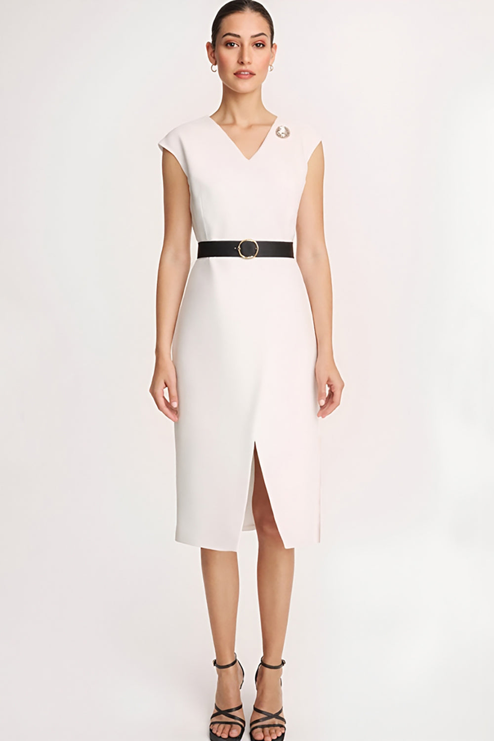 Zapaka Women Ivory Work Dress with Slit V-Neck Bodycon Cap Sleeves Midi Semi Formal Dress with Belt Zapaka CA Zapaka Women Ivory Work Dress with Slit V-Neck Bodycon Cap Sleeves Midi Semi Formal Dress with Belt Zapaka CA