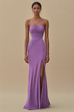 Black Strapless Ruched Long Formal Dress with Slit
