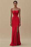 Black Strapless Ruched Long Formal Dress with Slit