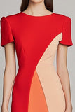 Red Bodycon Patchwork Midi Work Dress with Sleeves