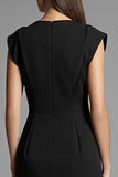 Black V-Neck Cap Sleeves Patchwork Midi Work Dress