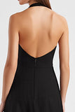 A Line Halter Sleeveless Long Black Tie Dress