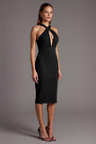 Burgundy Sheath Criss Cross Neck Cut Out Midi Formal Dress