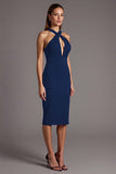 Burgundy Sheath Criss Cross Neck Cut Out Midi Formal Dress