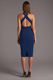 Burgundy Sheath Criss Cross Neck Cut Out Midi Formal Dress