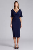 Sheath Short Sleeve Navy Midi Formal Dress