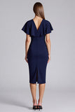 Sheath Short Sleeve Navy Midi Formal Dress