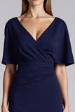 Sheath Short Sleeve Navy Midi Formal Dress