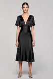 A Line Short Sleeve Grey Ruffled Midi Formal Dress