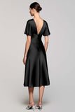 A Line Short Sleeve Grey Ruffled Midi Formal Dress