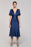 A Line Short Sleeve Grey Ruffled Midi Formal Dress