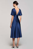 A Line Short Sleeve Grey Ruffled Midi Formal Dress