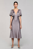 A Line Short Sleeve Grey Ruffled Midi Formal Dress