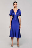 A Line Short Sleeve Grey Ruffled Midi Formal Dress