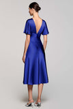 A Line Short Sleeve Grey Ruffled Midi Formal Dress