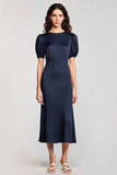 Navy Boat Neck Sheath Satin Long Formal Dress