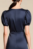 Navy Boat Neck Sheath Satin Long Formal Dress