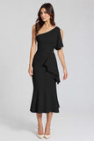 Ivory Sheath Ruffled One Shoulder Midi Graduation Dress