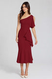 Ivory Sheath Ruffled One Shoulder Midi Graduation Dress