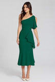 Ivory Sheath Ruffled One Shoulder Midi Graduation Dress