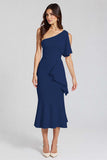 Ivory Sheath Ruffled One Shoulder Midi Graduation Dress