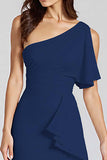 Ivory Sheath Ruffled One Shoulder Midi Graduation Dress
