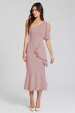 Ivory Sheath Ruffled One Shoulder Midi Graduation Dress