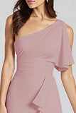 Ivory Sheath Ruffled One Shoulder Midi Graduation Dress