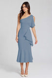 Ivory Sheath Ruffled One Shoulder Midi Graduation Dress