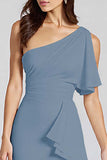 Ivory Sheath Ruffled One Shoulder Midi Graduation Dress