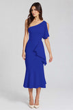 Ivory Sheath Ruffled One Shoulder Midi Graduation Dress
