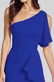 Ivory Sheath Ruffled One Shoulder Midi Graduation Dress