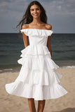 Ivory Off the Shoulder Midi Engagement Dress with Ruffled