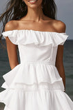 Ivory Off the Shoulder Midi Engagement Dress with Ruffled