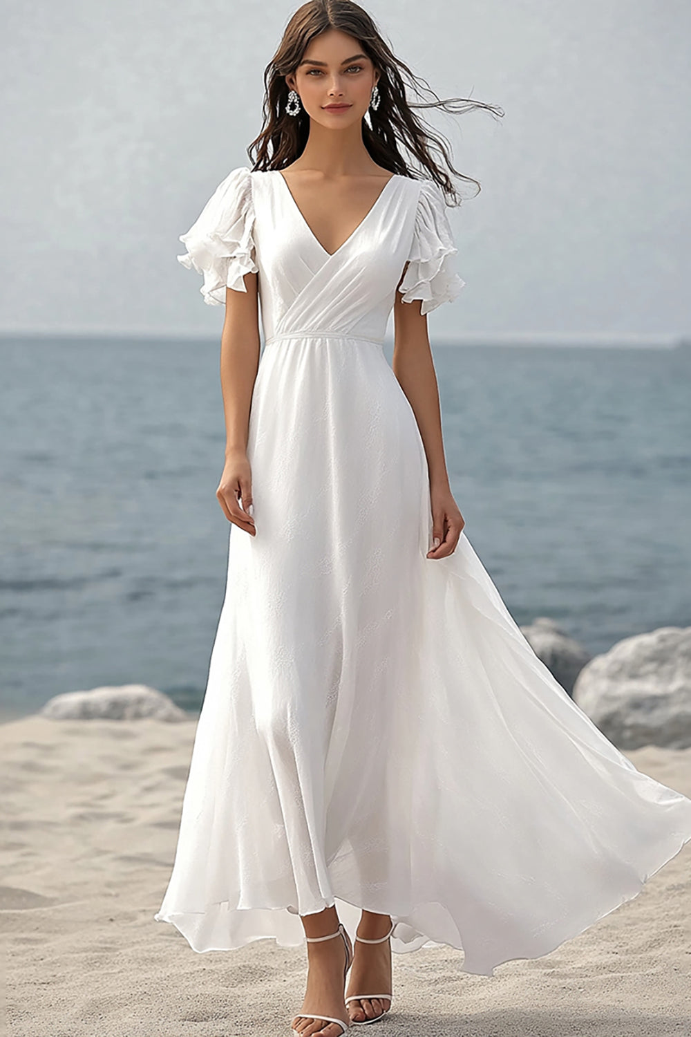 Zapaka Women Ivory Chiffon Long Ruffled Engagement Dress with Short Sleeves V-Neck A Line Rehearsal Dinner Dress Zapaka CA Zapaka Women Ivory Chiffon Long Ruffled Engagement Dress with Short Sleeves V-Neck A Line Rehearsal Dinner Dress Zapaka CA