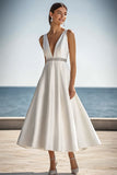 Ivory Deep V-Neck Midi A Line Engagement Dress
