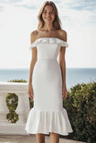 Ivory Off the Shoulder Simple Midi Engagement Dress with Ruffles